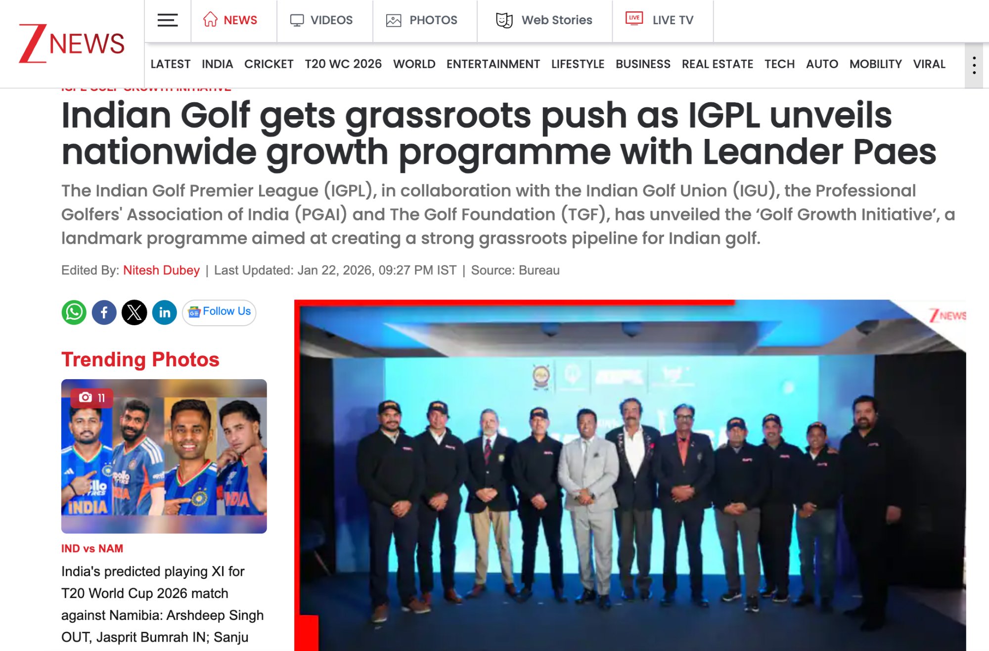 Indian Golf Gets Grassroots Push as IGPL Unveils Nationwide Growth Programme with Leander Paes